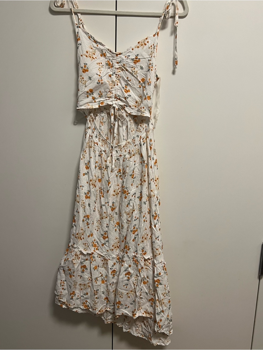 Rue21 White Maxi Dress with Yellow-Orange Floral Pattern